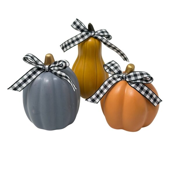 Fall Mini Ceramic Pumpkins Gourd Set of 3 Hand-Tied Plaid Bows Farmhouse Decor - Picture 1 of 9
